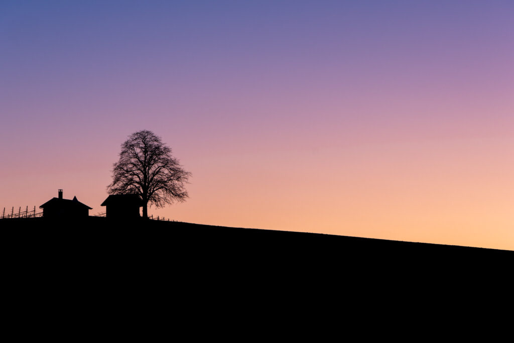 Hütte mit Baum vor untergegangener Sonne.